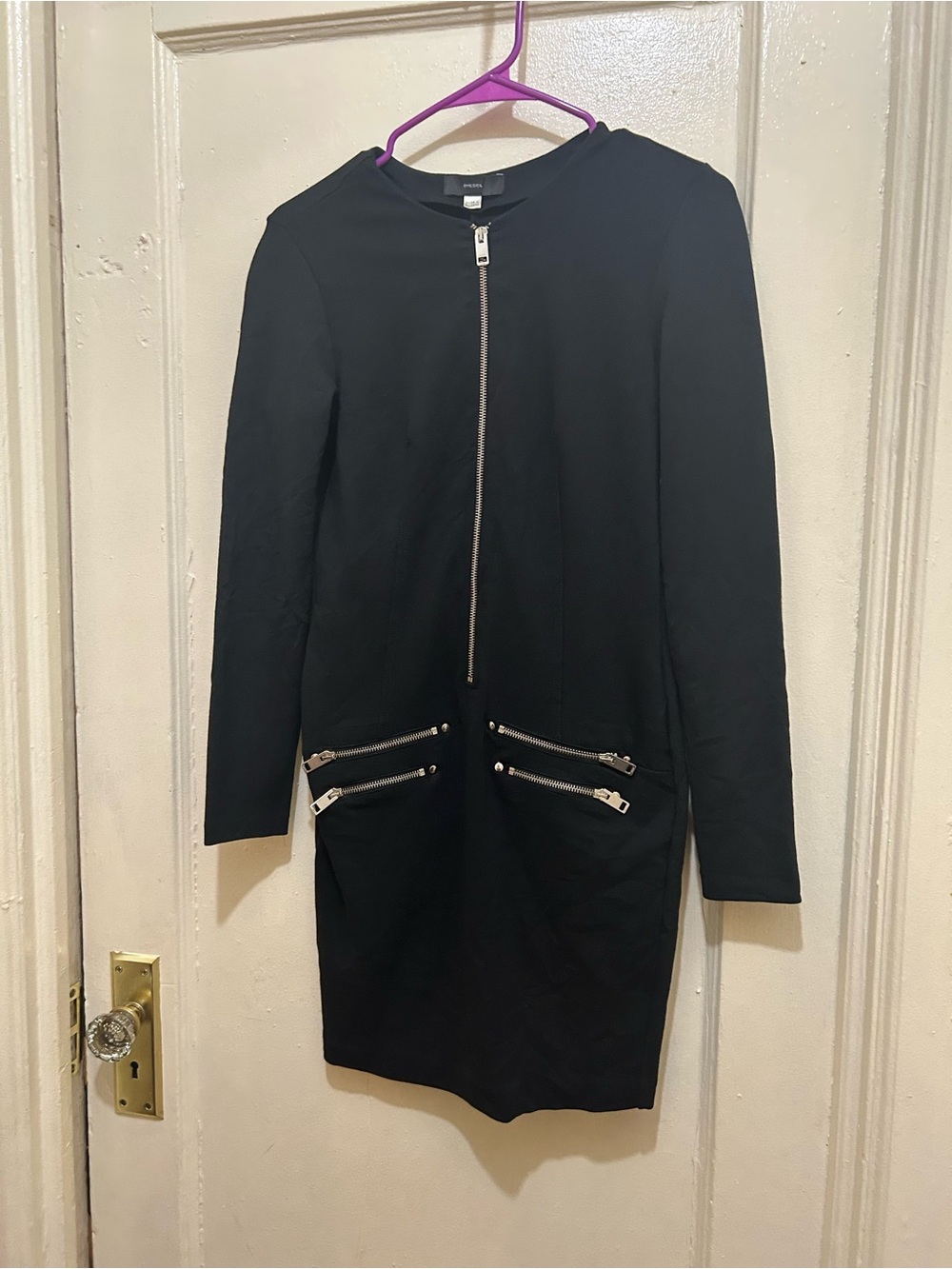 Y2K Diesel Black Long-Sleeve Zip-Front Dress Sz S Edgy Poly Spandex